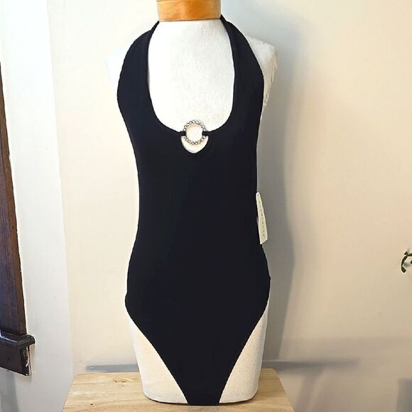 eyecandy Tops - NWT Eyecandy Black Halter Bodysuit with Silver Ring Detail